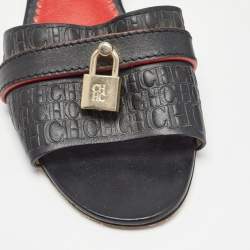 Pre Owned CH Carolina Herrera Black Monogram Embossed Leather Matryoshka Locked Slide Sandals Size 38