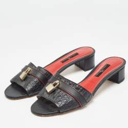 Pre Owned CH Carolina Herrera Black Monogram Embossed Leather Matryoshka Locked Slide Sandals Size 38