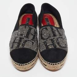 Pre Owned CH Carolina Herrera Black Suede Crystal Embellished Espadrille Flats Size 38