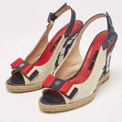 CH Carolina Herrera Two Tone Canvas and Leather Wedge Sandals Size 36