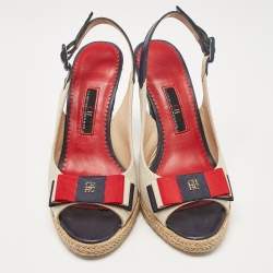 CH Carolina Herrera Two Tone Canvas and Leather Wedge Sandals Size 36