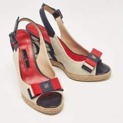 CH Carolina Herrera Two Tone Canvas and Leather Wedge Sandals Size 36