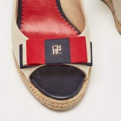 CH Carolina Herrera Two Tone Canvas and Leather Wedge Sandals Size 36