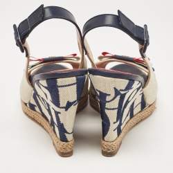 CH Carolina Herrera Two Tone Canvas and Leather Wedge Sandals Size 36