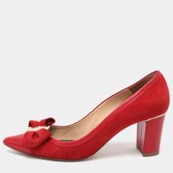 Pre Owned CH Carolina Herrera Red Suede Bow Block Heel Pumps Size 38