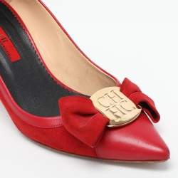 Pre Owned CH Carolina Herrera Red Suede Bow Block Heel Pumps Size 38