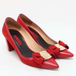 Pre Owned CH Carolina Herrera Red Suede Bow Block Heel Pumps Size 38
