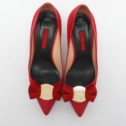 Pre Owned CH Carolina Herrera Red Suede Bow Block Heel Pumps Size 38