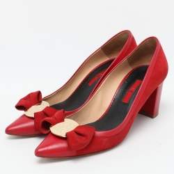 Pre Owned CH Carolina Herrera Red Suede Bow Block Heel Pumps Size 38