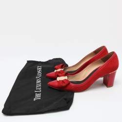 Pre Owned CH Carolina Herrera Red Suede Bow Block Heel Pumps Size 38