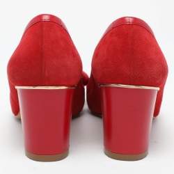 Pre Owned CH Carolina Herrera Red Suede Bow Block Heel Pumps Size 38