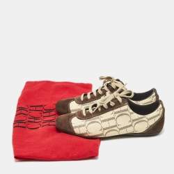 Pre Owned CH Carolina Herrera Brown/Beige Monogram Canvas and Suede Low Top Sneakers Size 38