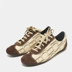 Pre Owned CH Carolina Herrera Brown/Beige Monogram Canvas and Suede Low Top Sneakers Size 38