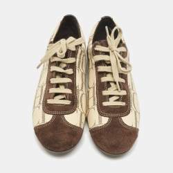 Pre Owned CH Carolina Herrera Brown/Beige Monogram Canvas and Suede Low Top Sneakers Size 38