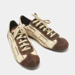Pre Owned CH Carolina Herrera Brown/Beige Monogram Canvas and Suede Low Top Sneakers Size 38