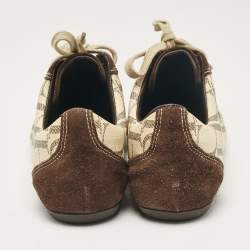 Pre Owned CH Carolina Herrera Brown/Beige Monogram Canvas and Suede Low Top Sneakers Size 38