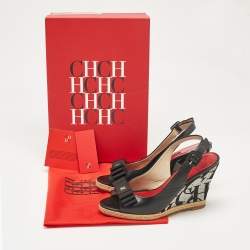 Pre Owned CH Carolina Herrera Navy Blue/White Canvas and Leather Wedge Sandals Size 37