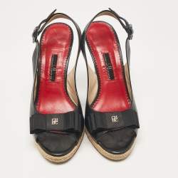 Pre Owned CH Carolina Herrera Navy Blue/White Canvas and Leather Wedge Sandals Size 37