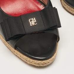 Pre Owned CH Carolina Herrera Navy Blue/White Canvas and Leather Wedge Sandals Size 37