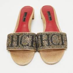 CH Carolina Herrera Gold/Grey Crystals Logo Slide Sandals Size 38 