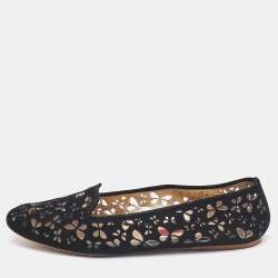 CH Carolina Herrera Black Lazer Cut Suede Smoking Slippers Size 40