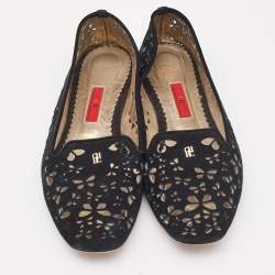 CH Carolina Herrera Black Lazer Cut Suede Smoking Slippers Size 40