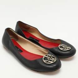 CH Carolina Herrera Black Leather Logo Embellished Ballet Flats Size 39