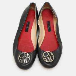 CH Carolina Herrera Black Leather Logo Embellished Ballet Flats Size 39