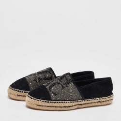 CH Carolina Herrera Black/Silver Crystal Embellished Suede Espadrille Flats Size 39