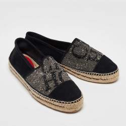 CH Carolina Herrera Black/Silver Crystal Embellished Suede Espadrille Flats Size 39