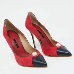 Pre Owned CH Carolina Herrera Red/Black Suede and Leather Pearl Pointed Toe Pumps Size 40