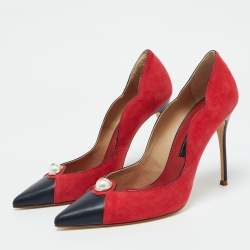 Pre Owned CH Carolina Herrera Red/Black Suede and Leather Pearl Pointed Toe Pumps Size 40
