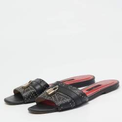 Pre Owned CH Carolina Herrera Black Leather Flat Slides Size 40
