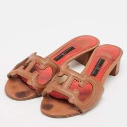 Pre Owned CH Carolina Herrera Brown Leather Slide Sandals Size 35