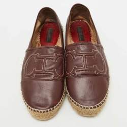 CH Carolina Herrera Burgundy Leather Initials Insignia Espadrille Flats Size 38