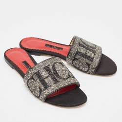 Pre Owned CH Carolina Herrera Black Leather Crystal Embellished Flat Slides Size 38