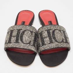 Pre Owned CH Carolina Herrera Black Leather Crystal Embellished Flat Slides Size 38