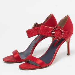 CH Carolina Herrera Red Satin Crystal Embellished Ankle Strap Sandals Size 39