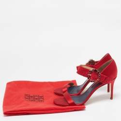 CH Carolina Herrera Red Satin Crystal Embellished Ankle Strap Sandals Size 39