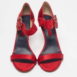 CH Carolina Herrera Red Satin Crystal Embellished Ankle Strap Sandals Size 39