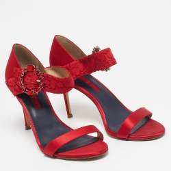 CH Carolina Herrera Red Satin Crystal Embellished Ankle Strap Sandals Size 39