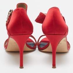 CH Carolina Herrera Red Satin Crystal Embellished Ankle Strap Sandals Size 39