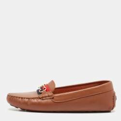 Pre Owned CH Carolina Herrera Brown Leather Logo Embellished Loafers Size 40