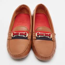 Pre Owned CH Carolina Herrera Brown Leather Logo Embellished Loafers Size 40