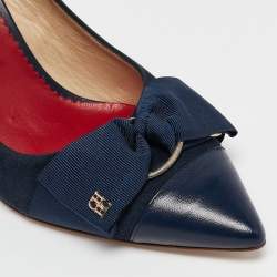 Pre Owned CH Carolina Herrera Navy Blue Leather Bow Detail Pointed Toe Slingback Pumps Size 38