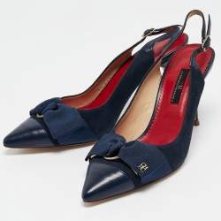 Pre Owned CH Carolina Herrera Navy Blue Leather Bow Detail Pointed Toe Slingback Pumps Size 38
