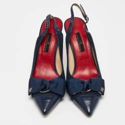 Pre Owned CH Carolina Herrera Navy Blue Leather Bow Detail Pointed Toe Slingback Pumps Size 38