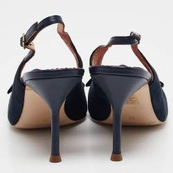 Pre Owned CH Carolina Herrera Navy Blue Leather Bow Detail Pointed Toe Slingback Pumps Size 38