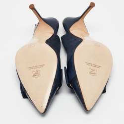 Pre Owned CH Carolina Herrera Navy Blue Leather Bow Detail Pointed Toe Slingback Pumps Size 38