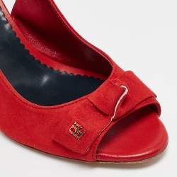 Pre Owned CH Carolina Herrera Red Suede Bow Cork Wedge Slingback Sandals Size 38